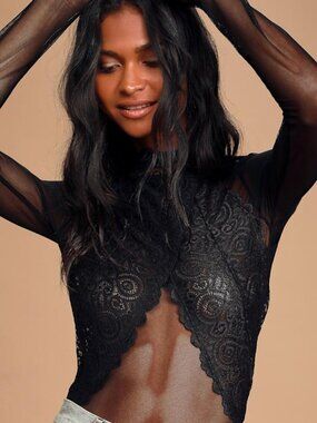 Lulus Show Stopping Black Sheer Lace Long Sleeve Bodysuit - Size S